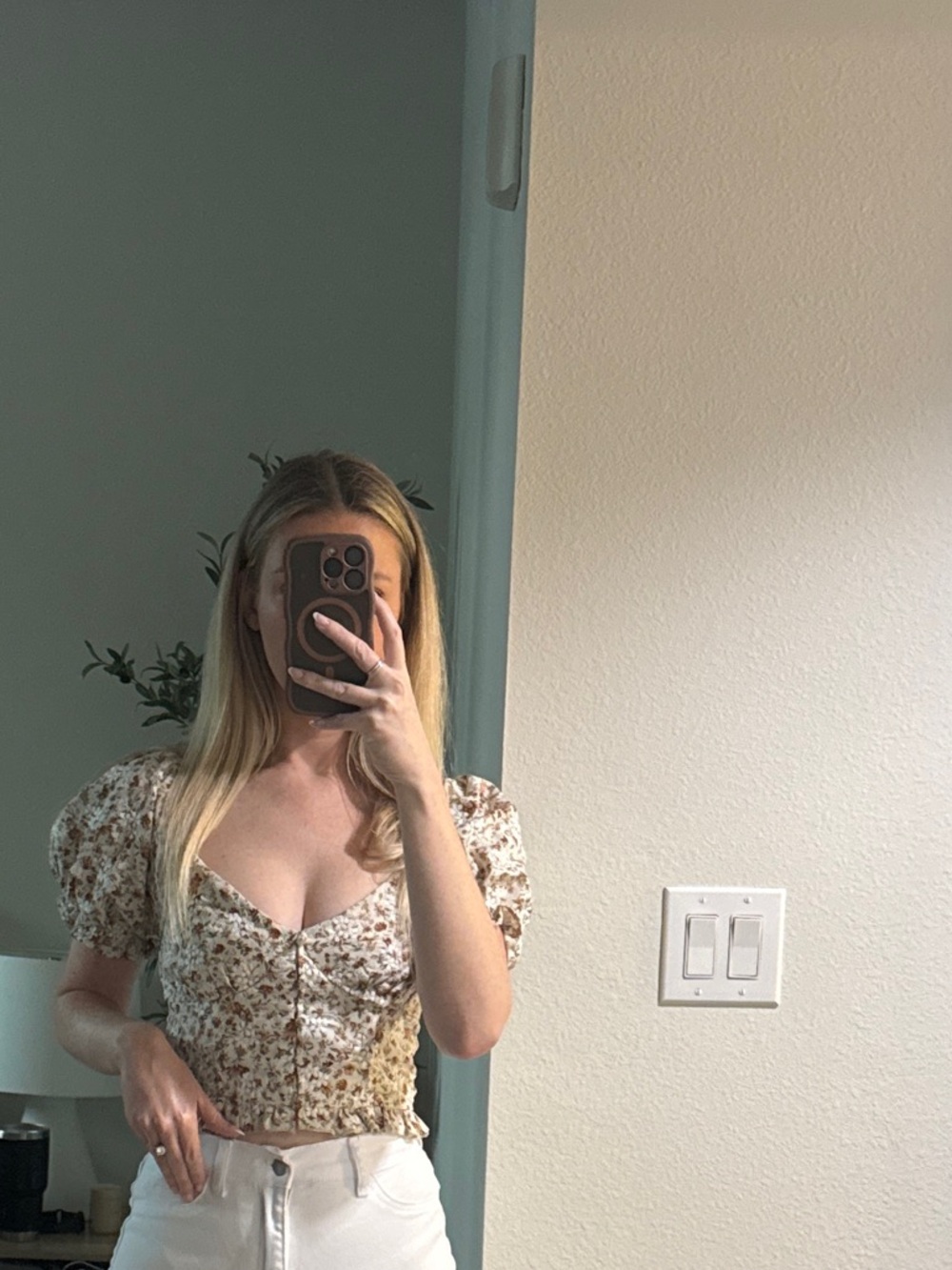 Floral Puff Sleeve Crop Top - White with Rust Floral